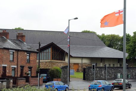 Paramilitary flags around the Woodburn Road area where St Nicholas? Church and St Nicholas? Primary School are located 
