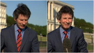 Mark Devenport as his microphone blows away on live TV