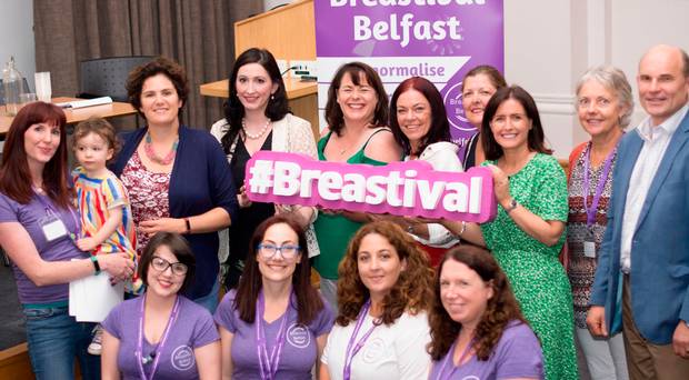 Politicians Claire Hanna, Emma Little-Pengelly, Michelle Gildernew, Claire Bailey, Paula Bradshaw and Roy Beggs attend the Global Big Latch On breastfeeding promotion and support event at the Ulster Museum