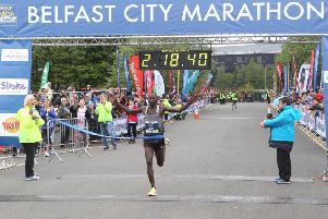 5/5/19 PACEMAKER PRESS'The Belfast Marathon leaves from Stormont and works its way through the city. Belfast marathon winner Joel Kositany crosses the line.'PICTURE MATT BOHILL PACEMAKER PRESS