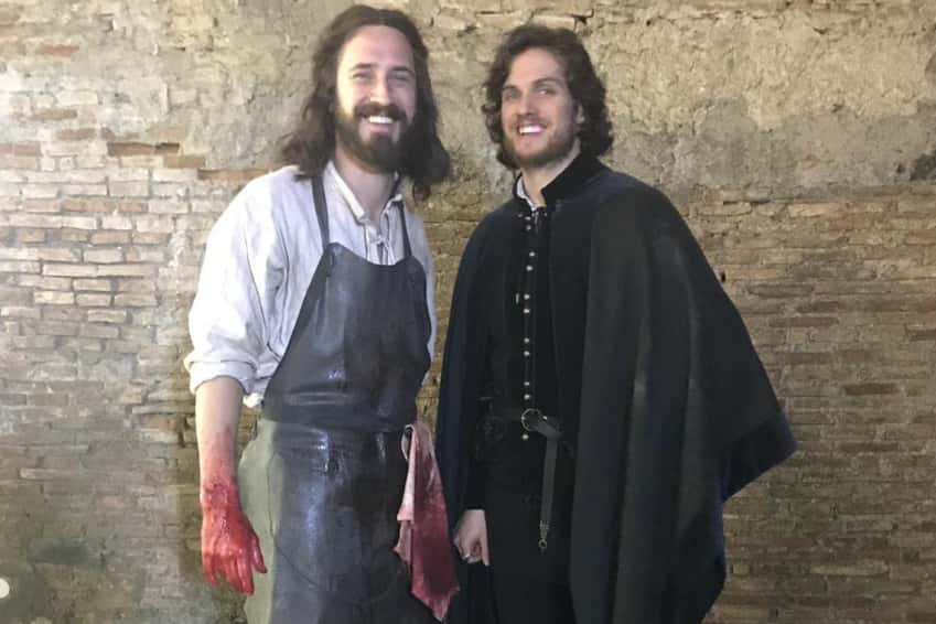 Stephen Hagan (left), who plays Leonardo Da Vinci in Netflix Medici Series 3, with Daniel Sharman, who plays Lorenzo de Medici