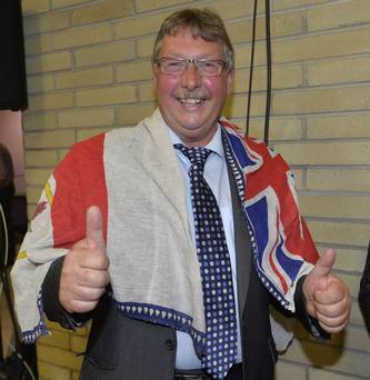 The DUP’s Sammy Wilson enjoys the moment after retaining his seat in East Antrim